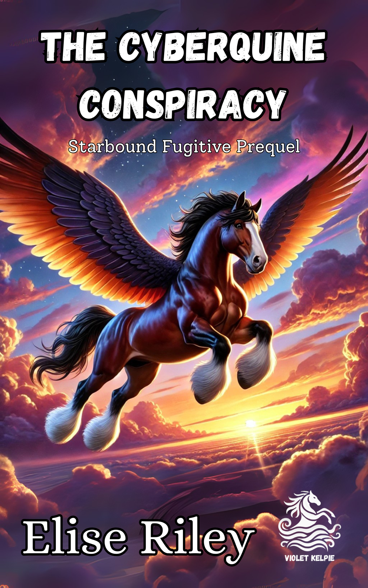 The Cyberquine Conspiracy, Starbound Fugitive Prequel by Elise Riley. Original cover featuring a winged horse soaring above sunset clouds.